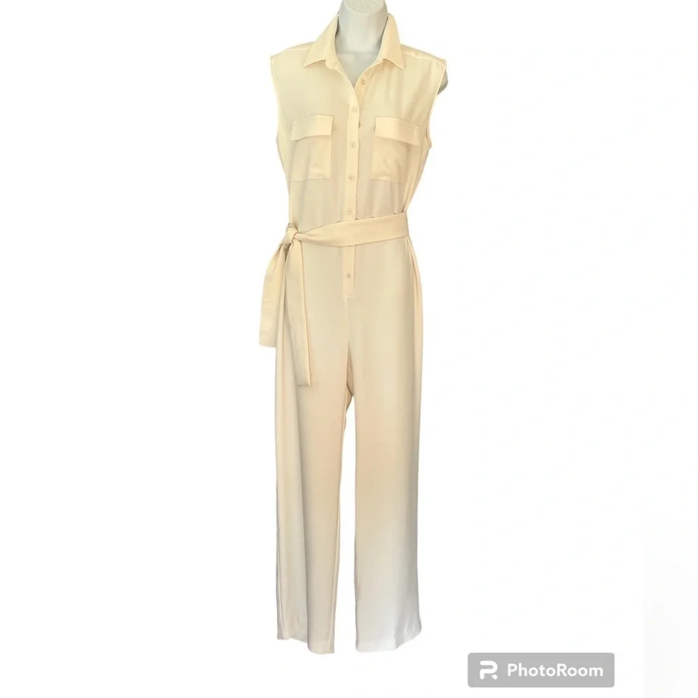 Amanda Uprichard cream collared button front sleeveless jumpsuit size small